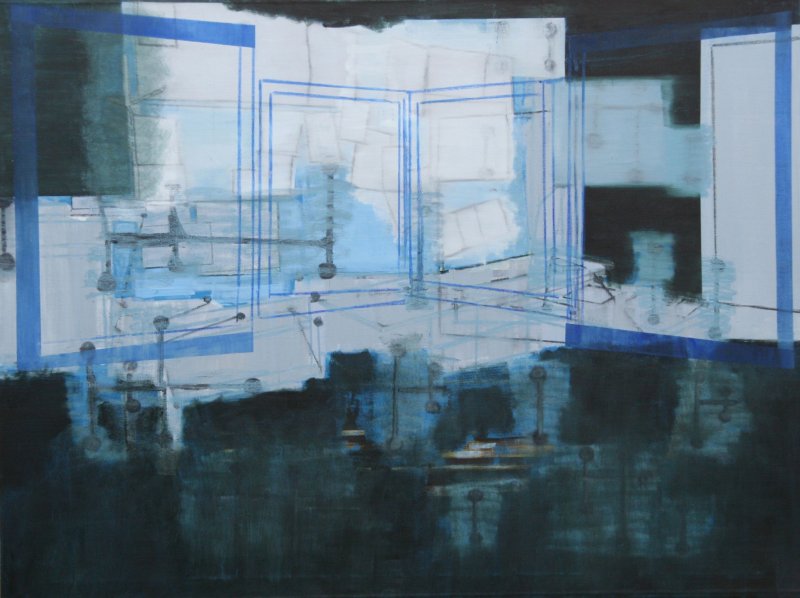 Abstrakte Malerei mit blauen Linien und dunklen, reflektierenden Flächen, die eine geheimnisvolle Tiefe erzeugen.